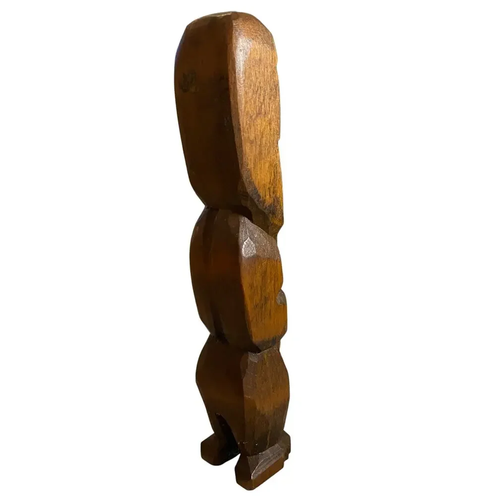Vintage Maori Wood Carved Tiki Figure New Zealand Abalone Shell Eyes 8